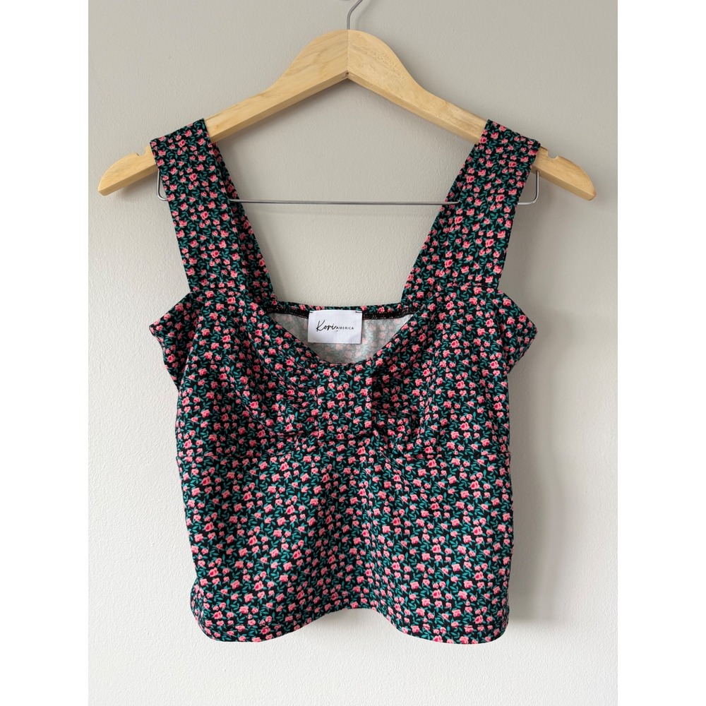 Cottagecore Ditsy Floral Medium‎ Black Pink Square Neck Ruched Crop Top